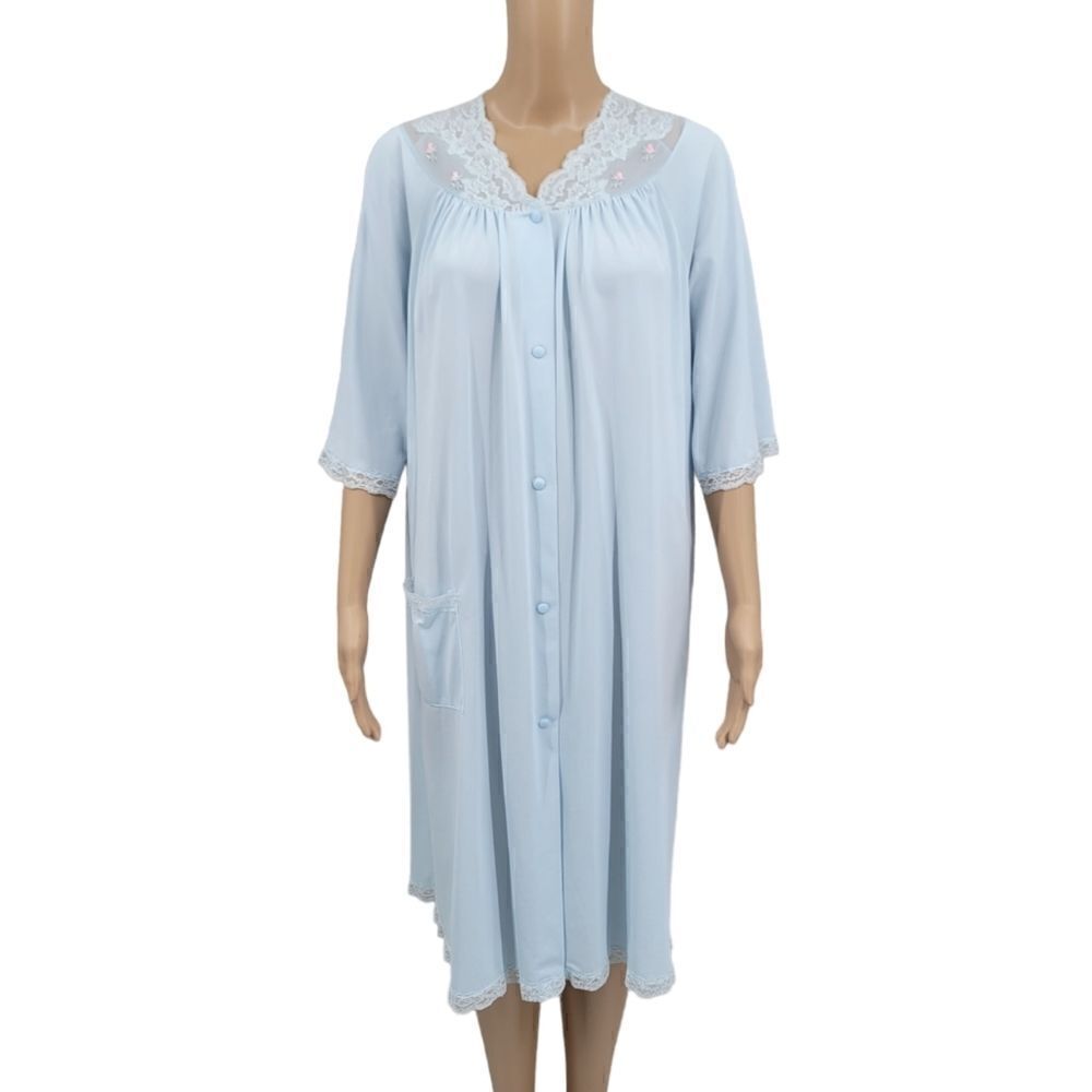 Shadowline Vintage Blue Nylon House Dress Peignoir Button-down Nightgown Lace